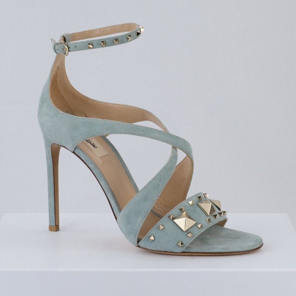 Valentino Rockstud Suede Wrap-Around Cross-Strap Heels, Light Blue, EU 39 / US 9